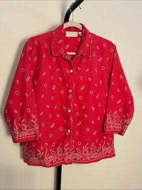 Casey & Max Women's Red Bandana Print Button-Down Shirt 3/4 Sleeve Shacket XL
